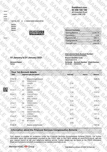 First Direct Bank Statement