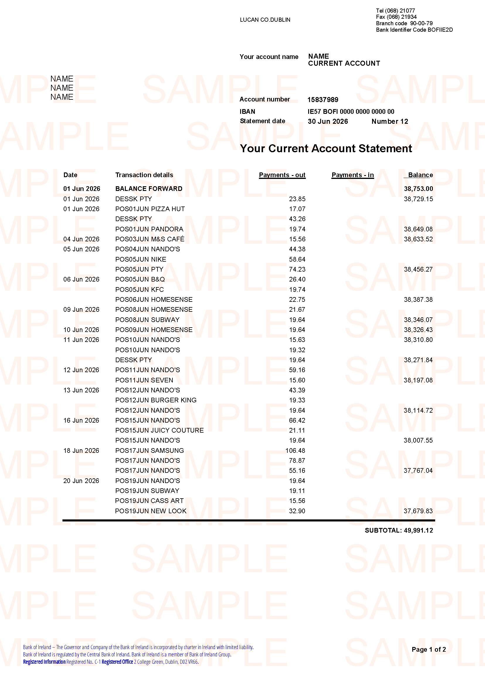 Replacement Bank Of Ireland Bank Statement