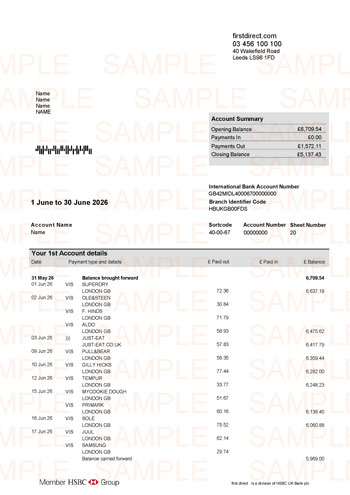 First Direct Bank Statement