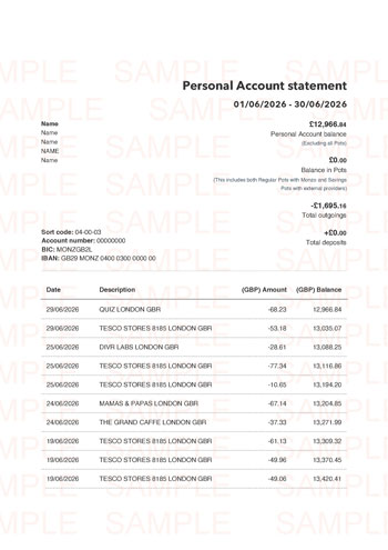Monzo Bank Statement