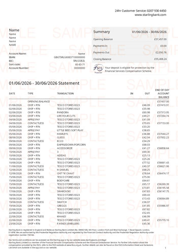 Starling Bank Statement